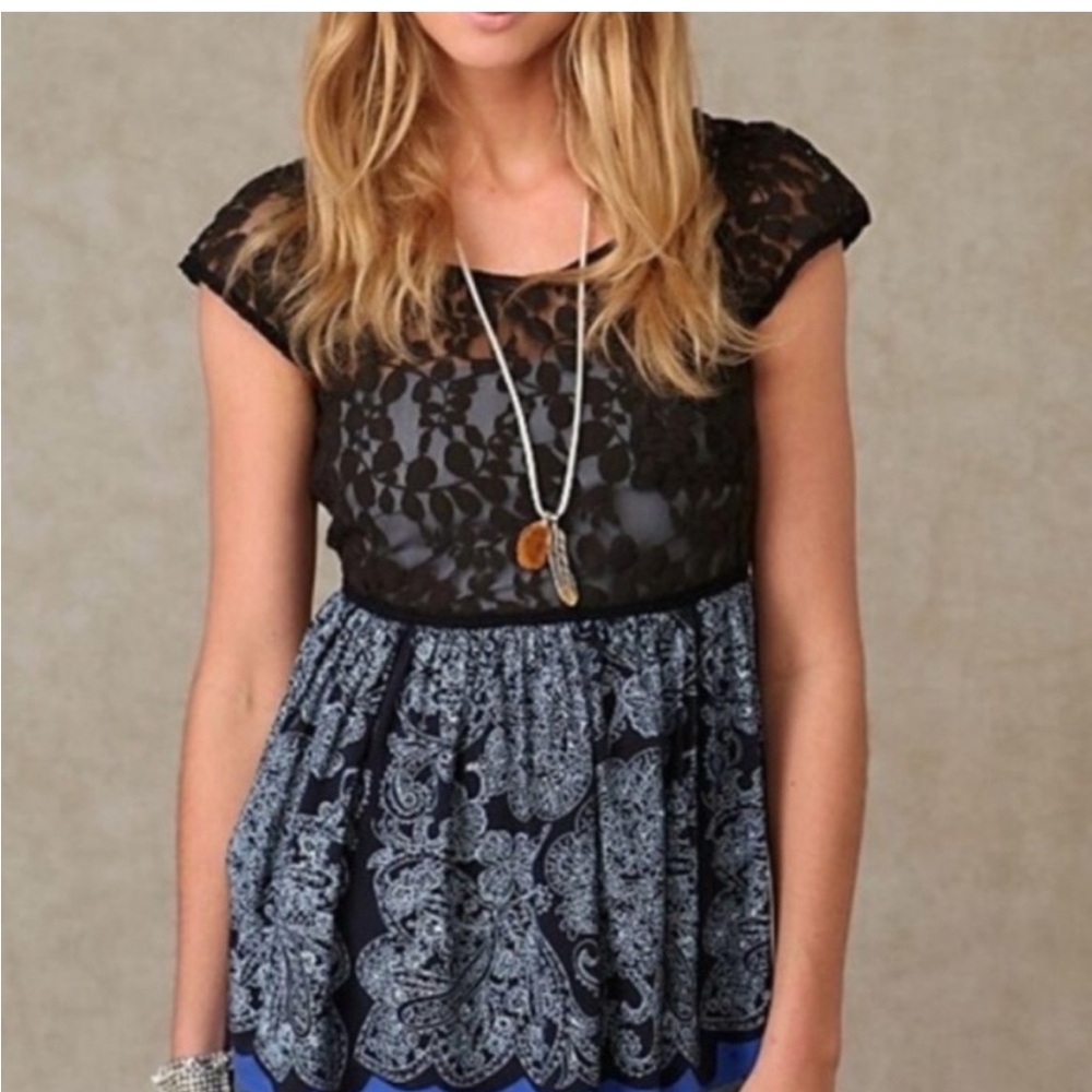 Free People Black and Blue Lace Blouse